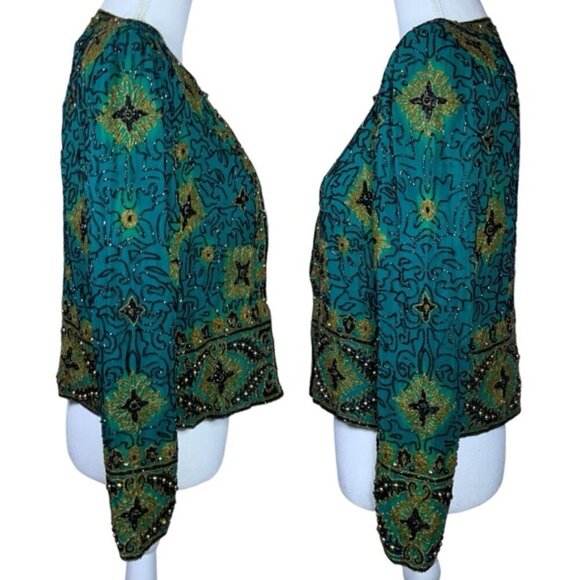 Vintage Silk Adrianna Papell Evening Dinner Jacket Beaded Turquoise Teal SM - Picture 3 of 16